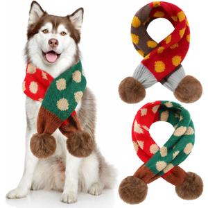 2 Pcs Dog Knitted Scarf Winter Pet Fleece Scarf Dog Warm Scarves with Cute Pompom Puppy Knit Scarves for Small Medium Pet Puppy Cat Winter Holiday Party(Red, Brown,Dots)