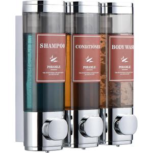 Shampoo and Conditioner Dispenser Wall Mounted Shower Soap Dispenser No Drill Shampoo Dispenser for Shower 3 Chamber Bathroom Body Wash Shower Gel Holder Chrome