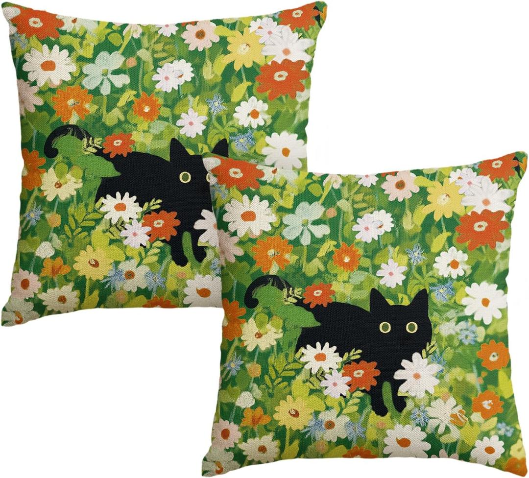 AVOIN color life Spring Black Cat Throw Pillow Covers, 18 x 18 Inch Little Daisy Green Summer Cushion Case Decoration for Sofa Couch Set of 2
