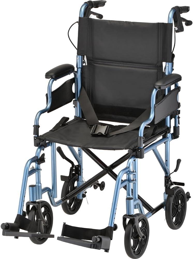 NOVA Lightweight Folding Transport Chair for Adults Aluminum Foldable Travel Wheelchair with Flip-Up Desk Arms, One-Grip Locking Hand Brakes, 8 All-Terrain Wheels, 300 lb Capacity, Blue