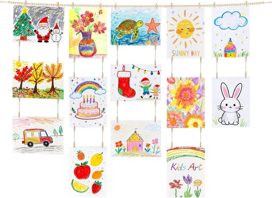 Dahey Art Display for Kids Artwork Wall Decor Boho Wooden Beads Garland Frame Holder with 34 Clips for Hanging Kids Art Work Picture Photo Cards Display, Bedroom Living Room Homeschool Decor