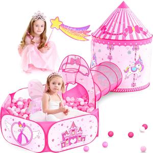 3 in 1 Girls Princess Play Tent for Kids: Pop Up Toddlers Playhouse with Baby Crawl Tunnel, Ball Pit and Castle Tent - Pink Children Play Tent Toys Indoor and Outdoor Game for Birthday Gift