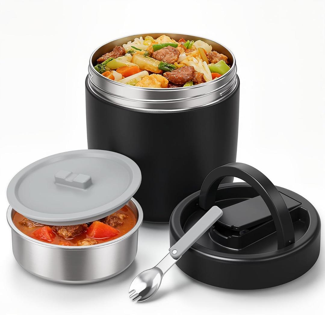 Pawtong 40.5oz Thermo for Hot Food Adults, Soup Thermo Lunch Containers with Wide Mouth & Spoon, Stainless Steel Vacuum Insulated Food Jar, Food Thermos with Handle(Black)