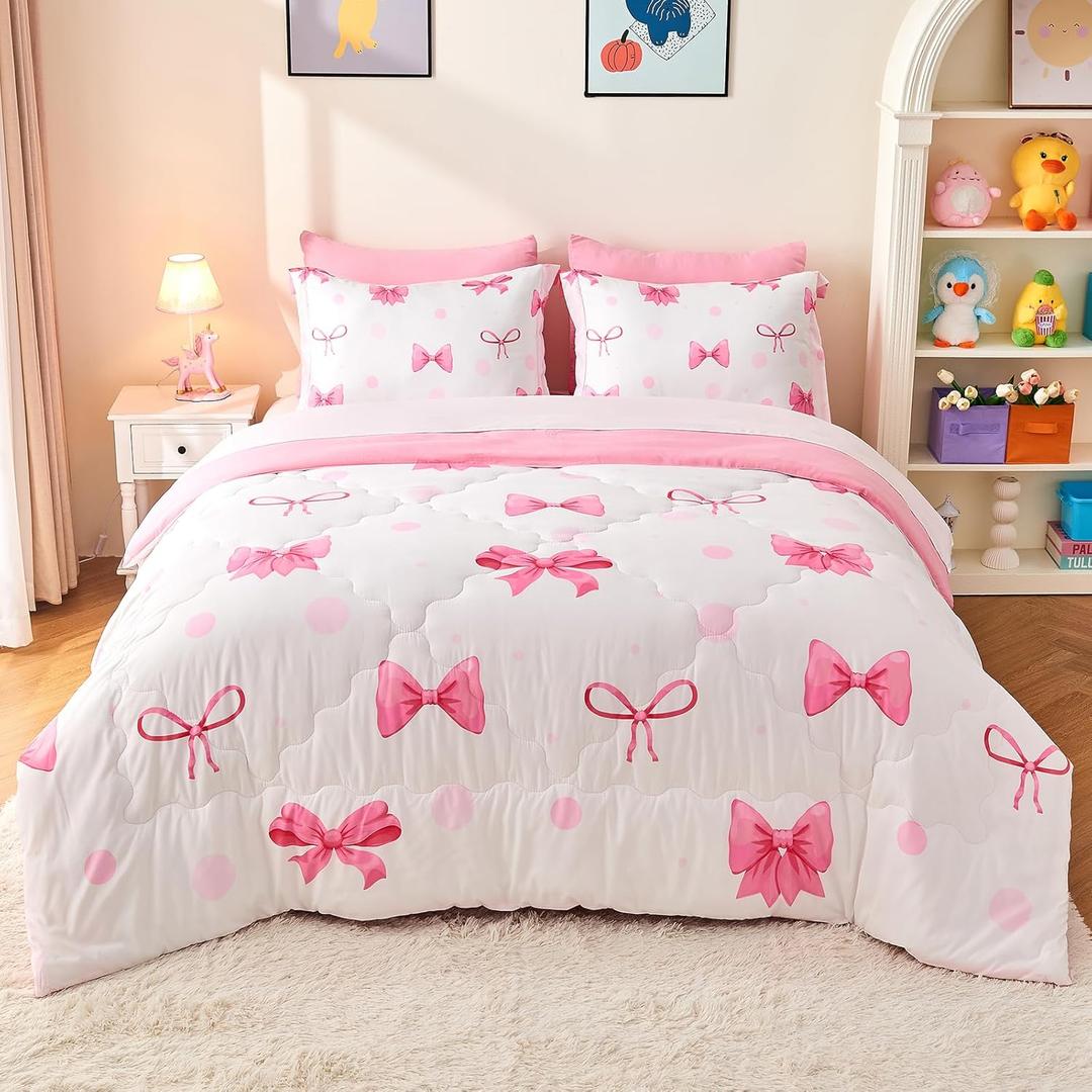 Wajade 7 Piece Pink Bow Bedding Set for Girls Kids Queen Size Comforter Set with Sheet and 2 Pillowcases 2 Pillow Shams Cute Girls Bed in a Bag as Birthday Choice