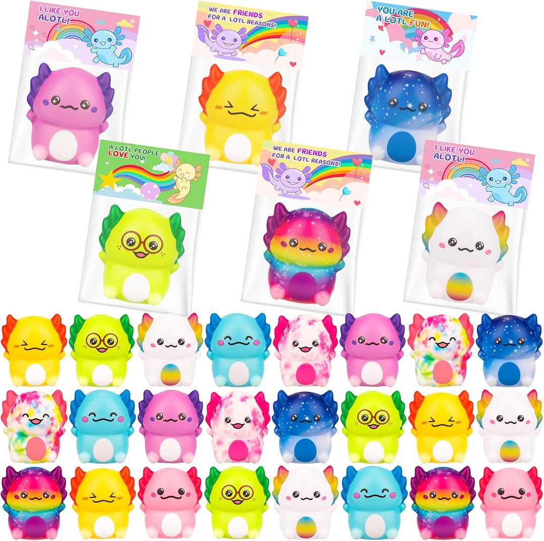 Valentines Day Gifts for Kids, 24PCS Valentine's Day Cards for Kids Classroom with Axolotl Squishy Toys, Valentine Stress Relief Toys for Kid School Classroom Exchange Gift Party Prize