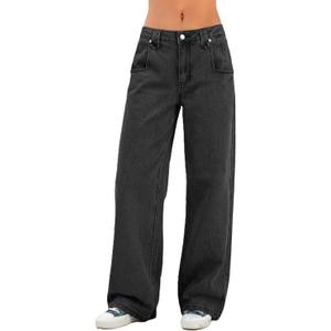 EMMIOL Baggy Jeans Women Straight Leg Mid Rise Boyfriend Wide Leg High Waisted Cute Trendy Y2K Loose Fit Pants Stretchy (Black, M)