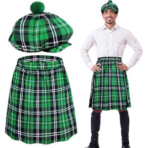 Funtery 2 Pcs St. Patrick's Day Costume Kit Irish Plaid Green Kilt for Men Scottish Tam with Pompom Tartan Skirt Kilts St Patricks Day Scottish Hat for Men Women