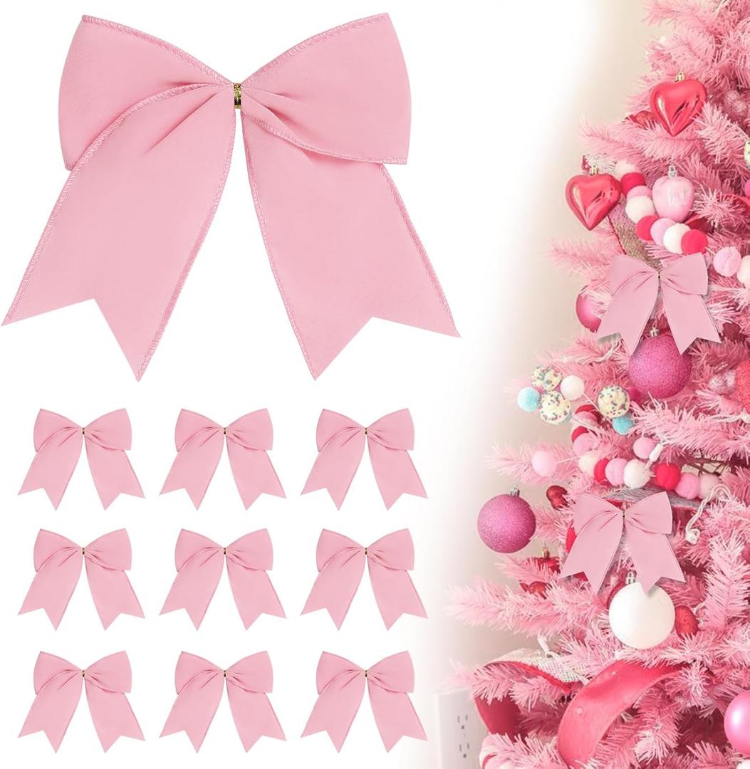 12Pcs Pink Velvet Bows Christmas Tree Decorations,6inch Valentines Ornaments for Tree Weath Garland Mantle Home Front Door Fireplace Holiday Decor