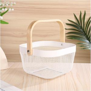 Metal Mesh Wire Basket, Mini Steel Basket with Wooden Handle Storage Organizer Basket Multi-functional Hanging Kitchen Baskets Fruit Baskets for Kitchen Bathroom Cabinet Pantry Snacks, White