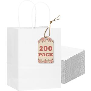 Qiqee 200-Packs White Paper Gift Bags with Handles Bulk 8.3"x6"x3.15" Small Size Paper Bags Multiple Uses