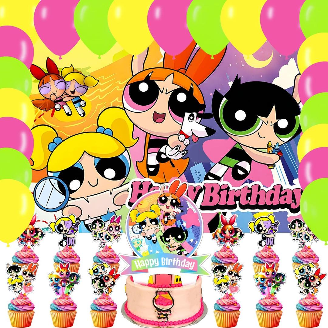 Power Girl Party Supplies5x3FT,Cartoon Girl Backdrop,Cartoon Theme Happy Birthday Party Banner for Boys and Girls Anime Party Decoration