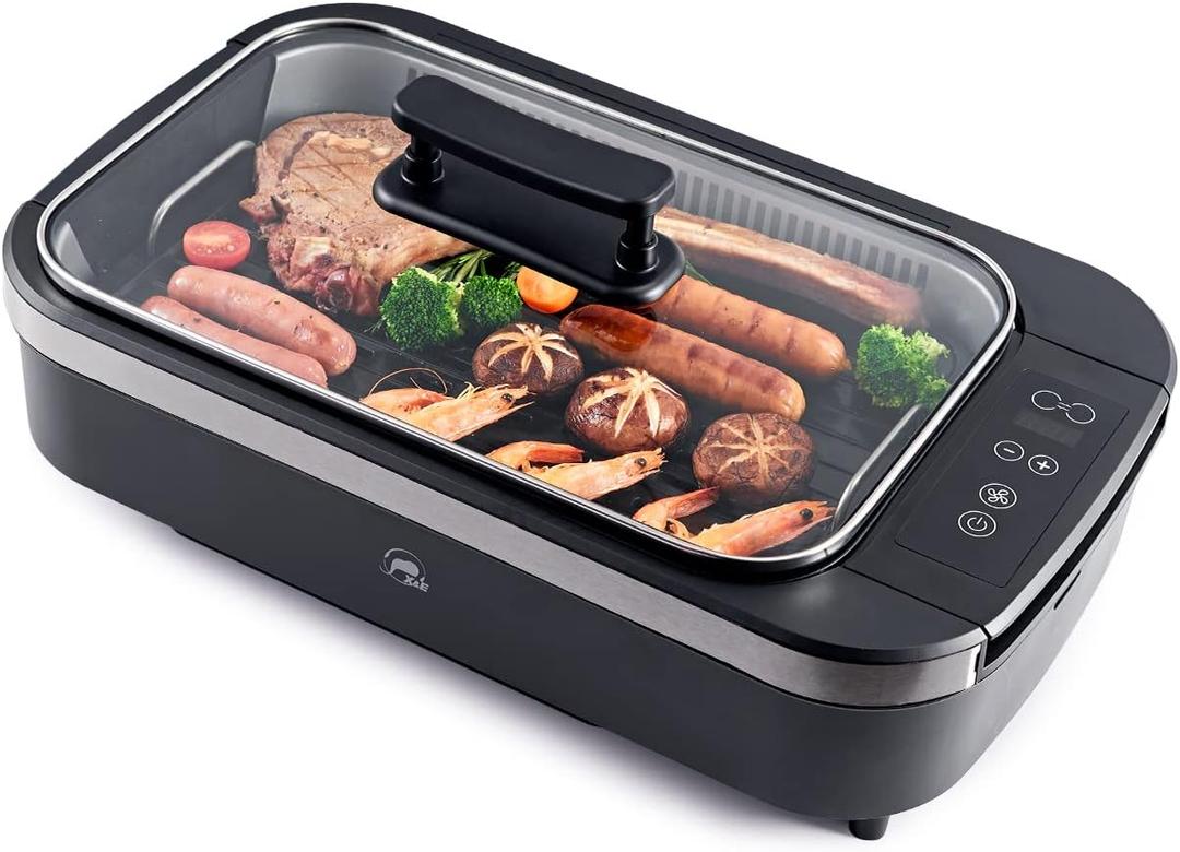 X&E Smokeless Indoor Grill, Enough for five people 1500 Watt Non-Stick Removable Electric Grill Rack and Grill Pan, Temperature Adjustable up to 450F, Fast Heat Up, Rapid Dishwasher Rinse