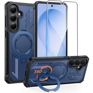 FNTCASE for Samsung Galaxy S26 Case: with [Magnetic Ring Kickstand] [Screen Protector] [Compatible with MagSafe] [Military-Grade Drop Protection] Dual-Layer Protective Textured TPU Phone Cover Blue