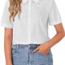LYANER Women's Lace Collar Neck Short Sleeve Button Down Elegant Work Shirt Blouse Top (White, XS)