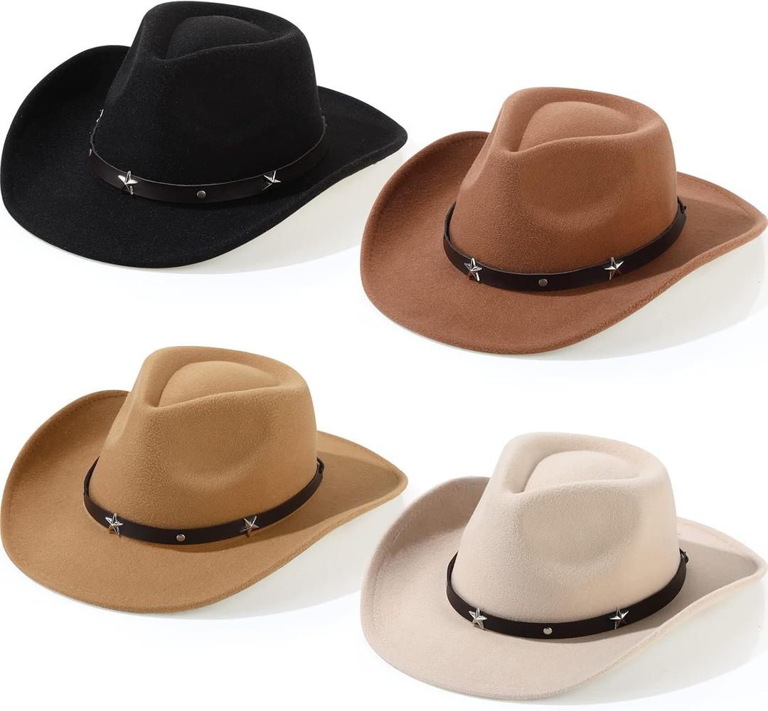 Mumufy 4 Pcs Classic Western Cowboy Hat Men Felt Wide Brim Cowgirl Hats Women Belt Buckle Cap for Adults (Black, Camel, Khaki, Beige)