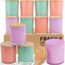 CONNOO 12 Pack 10 OZ Colorful Glass Candle Jars for Making Candles with Airtight Bamboo Lids Nice Sticky Warning Labels for Candle Making Empty Container Bulk - Dishwasher Safe