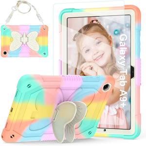 for Samsung Galaxy Tab A9+/ A9 Plus Case for Kids Girls, Galaxy Tab A9 Plus 11 inch 2023 Table Case with Screen Protector, Protective Cover with Butterfly Stand Shoulder Strap,Multicolor
