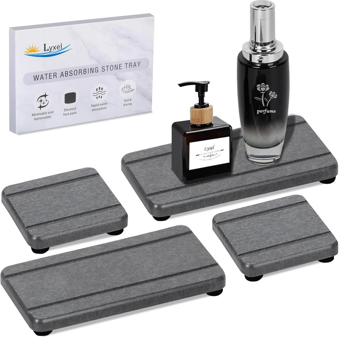4PCS Stone Drying Trays for Bathroom Sink and Kitchen Counter, Water Absorbing Stone Tray with Diatomaceous Earth, Soap Dish and Coaster (Dark Gray 2stripes)