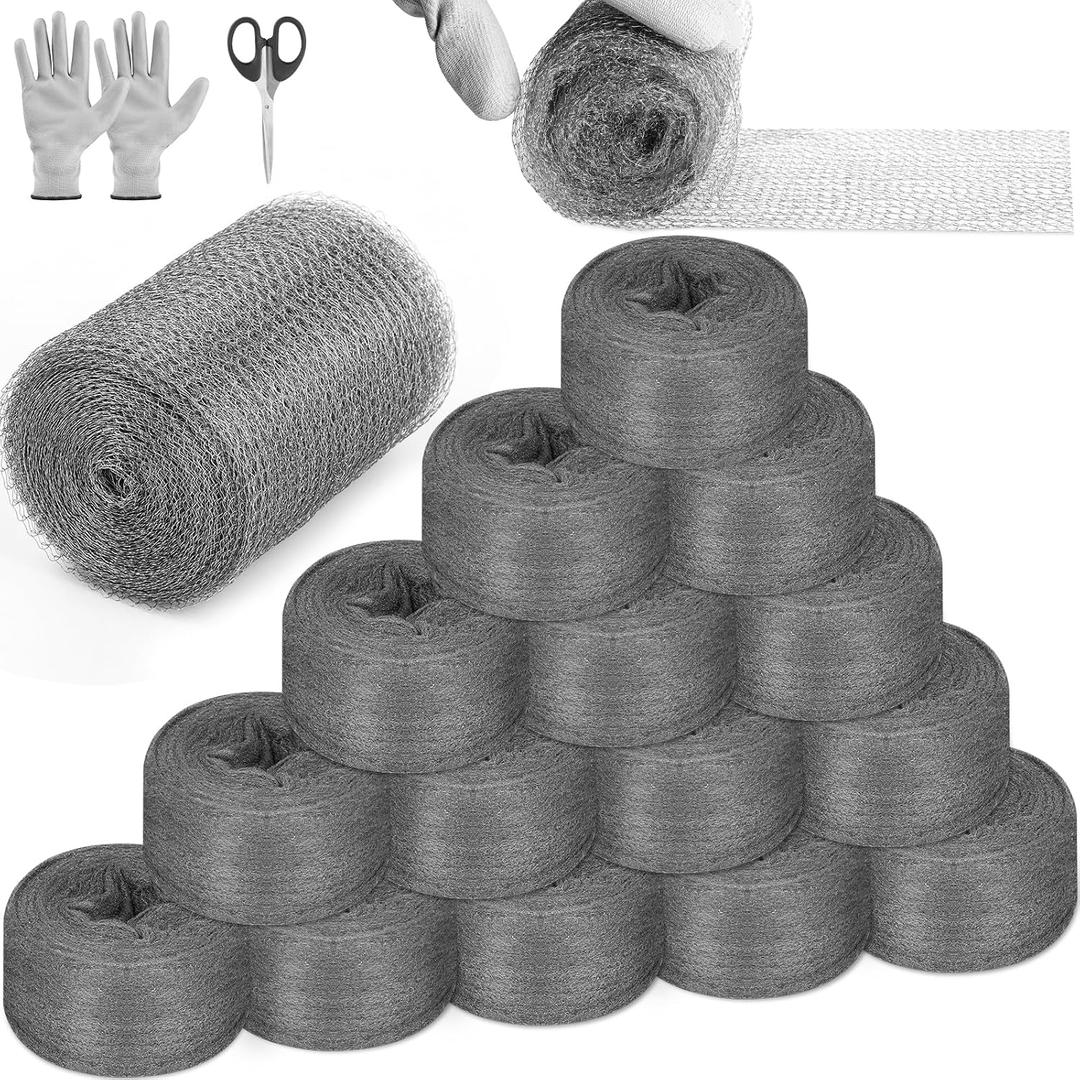 Steel Wool Mice Control,12 Pack 3.2" x120 FT Steel Wool & 1 Pack 5" x30 FT Wire Mesh, Medium Stainless Steel Wool Keep Mouse Away from Hole,Barrier and Gap Filler for Home Garden Kitchen Pipeline