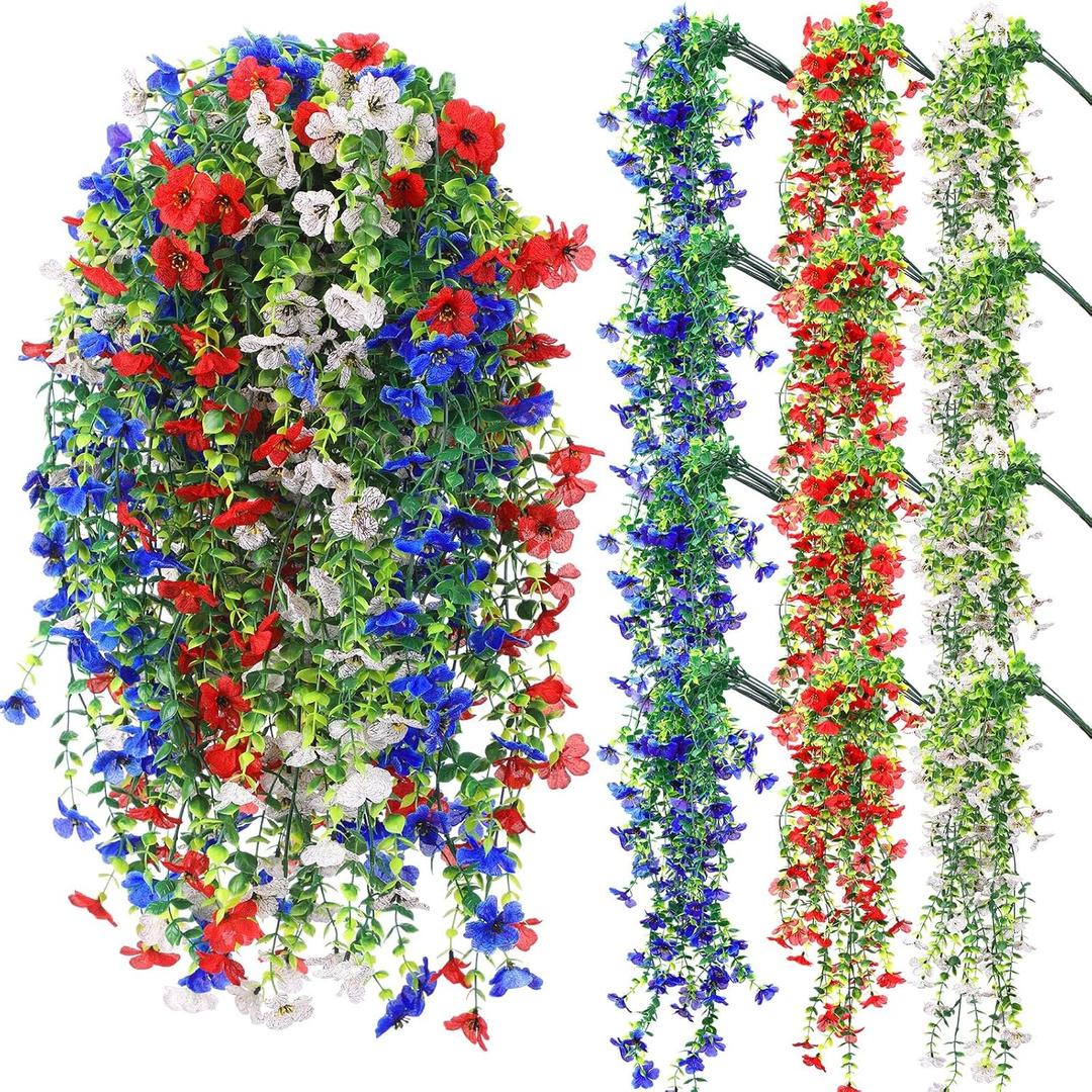 6 Pcs Spring Artificial Hanging Flowers Outdoor Faux Silk Mum Plant Decor Violet with Eucalyptus Realistic UV Resistant Trailing Vine Spring Porch Yard(Red Blue White,Violet)