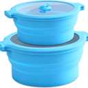 Collapsible Silicone Microwave Cookware Cooker Steamer for Cooking with Lids, 0.8L and 1.4L Glass Food Storage Container Sealed Bowl Mixing Bowls 2pc Set BPA Free (Blue)