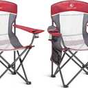 ALPHA CAMP 2PC Oversized Mesh Back Camping Folding Chair Heavy Duty Support 350 LBS Collapsible Steel Frame Quad Chair Padded Arm Chair with Cup Holder Portable for Outdoor (Red-2PC)