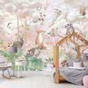 Kids Safari Wallpaper Butterfly Fox Forest Animal Wallpaper Mural with Pink Background for Girl's Room Decoration(Not Self-Adhesive)