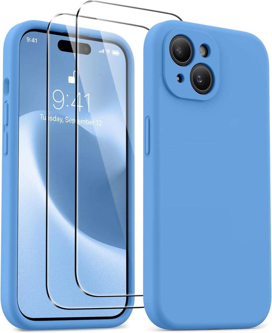 AOTESIER Magnetic for iPhone 15 Case, [Compatible with Magsafe] [Food Grade Silicone] Upgraded Camera & Screen Protection Phone Case with [2 Screen Protectors], 6.1 inch, Sky Blue