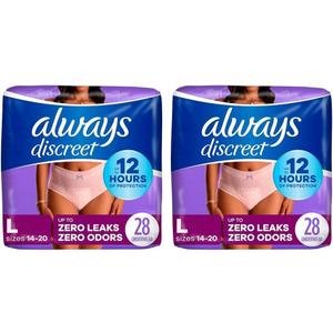 Always Discreet Adult Incontinence Underwear, Maximum Absorbency, Large, 28 Count (Packaging May Vary) (Pack of 2)