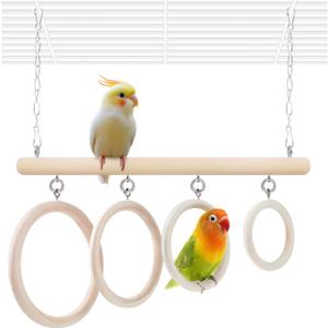 La La Pet Bird Swing Rings 4-Ring Perch Stand Wooden Parrot Playground Relieve Boredom Hanging Birdcage Accessories for Budgies Cockatiels Conures Parakeets Cockatoos