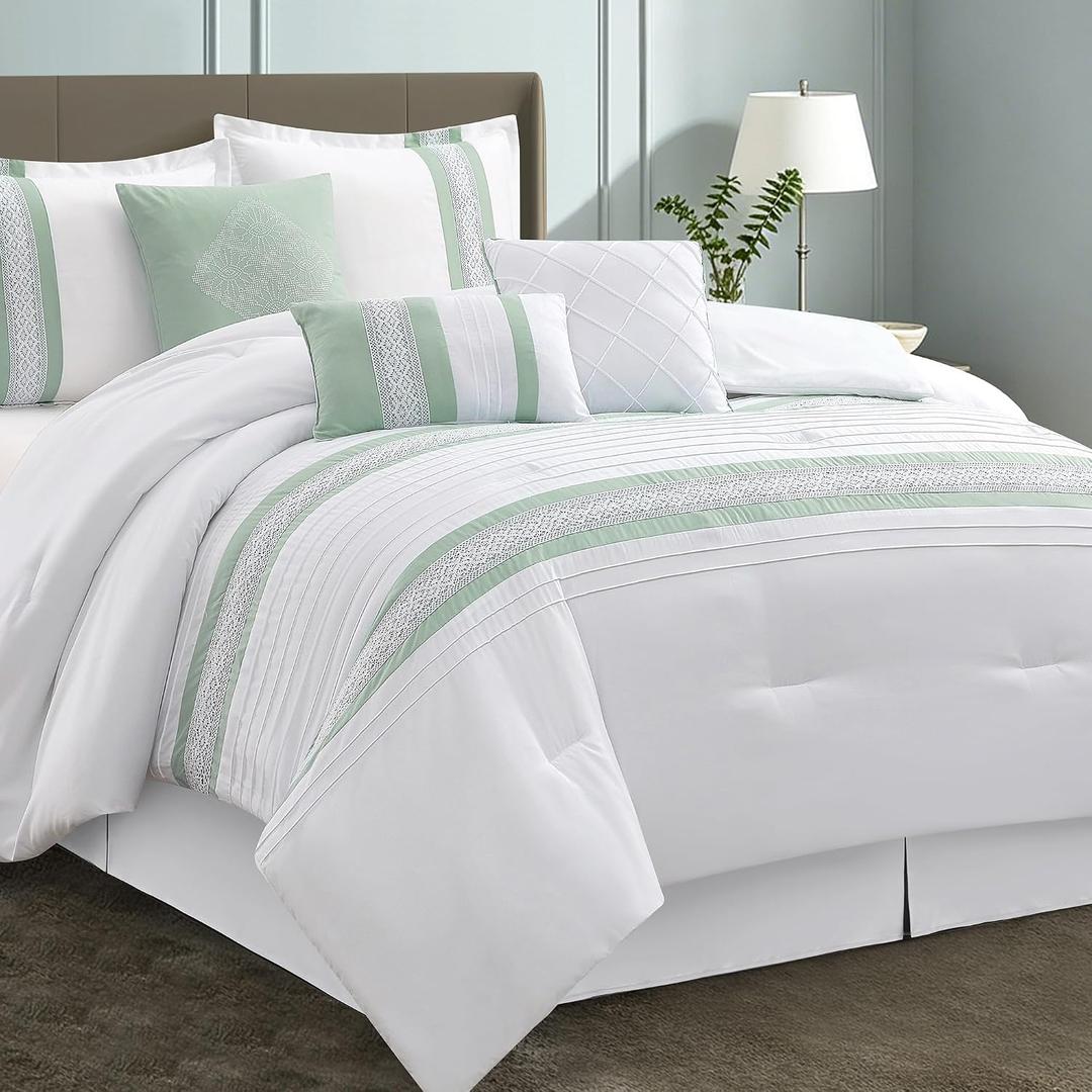LANCO MODERN LIFESTYLE 7 Piece Comforter Set, Sage White, King Size, Boho Style Geometric Microfiber Embroidery, Bed in a Bag with Bedskirt, Pillow Shams and Decor Pillows