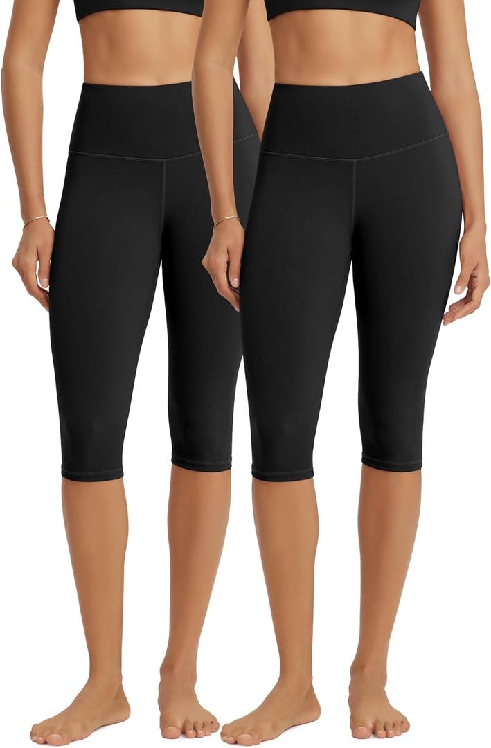 ODODOS 2-Pack High Waist Knee Length Workout Capris for Women, 14" Tummy Control Athletic Running Capri Leggings, Black+Black, Large 