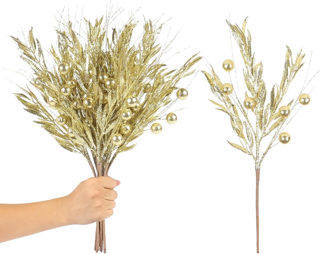 RoseCraft 10PCS Christmas Tree Decorations, Artificial Glitter Berry Stems Branches, for Christmas Tree Ornaments Picks Twigs Xmas Vase Filler Home Wedding Holiday Winter Decor. (Gold)