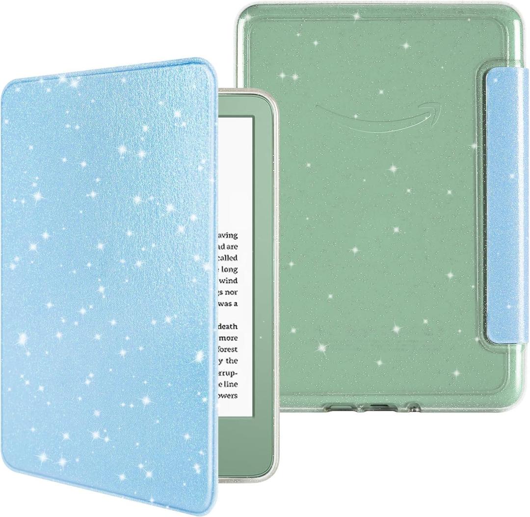 MOROCK Slim Case for All-New 6" Kindle(11th Generation,2024/2022 Release,Model No. RS23CV/C2V2L3), Lightweight Glitter PU Leather and PC Clear Acrylic Back Cover, Auto Sleep/Wake, Glitter Blue