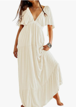 Kikibell Women Summer Dresses Sexy V-Neck Maxi Dress Tiered Silhouette with Flutter Sleeve Backless Elastic Waist Flowy Dress S