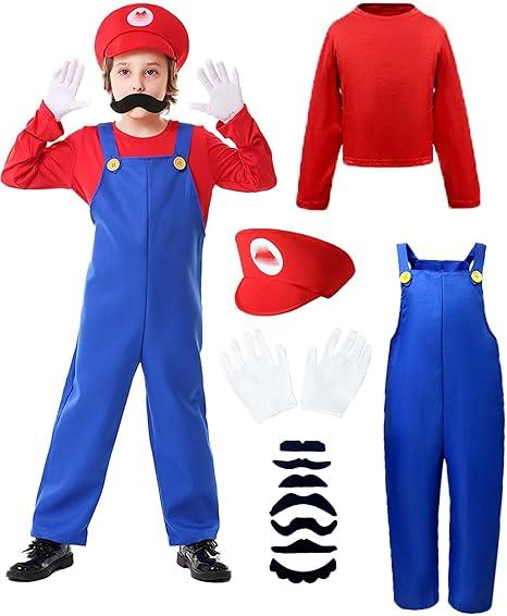 Halloween Costume Kids Plumber Jumpsuit with Hat Gloves Moustache Accessories, Medium