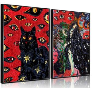 2Pcs Black Cat Cohen Hippie Psychedelic Wall Art Retro Fun Cool Girl Mystical Animal Eyes Stars Canvas Posters Prints Cat Lovers Wall Decor Pictures Bedroom Living Room Dorm Decoration Unframed (Pack of 4)