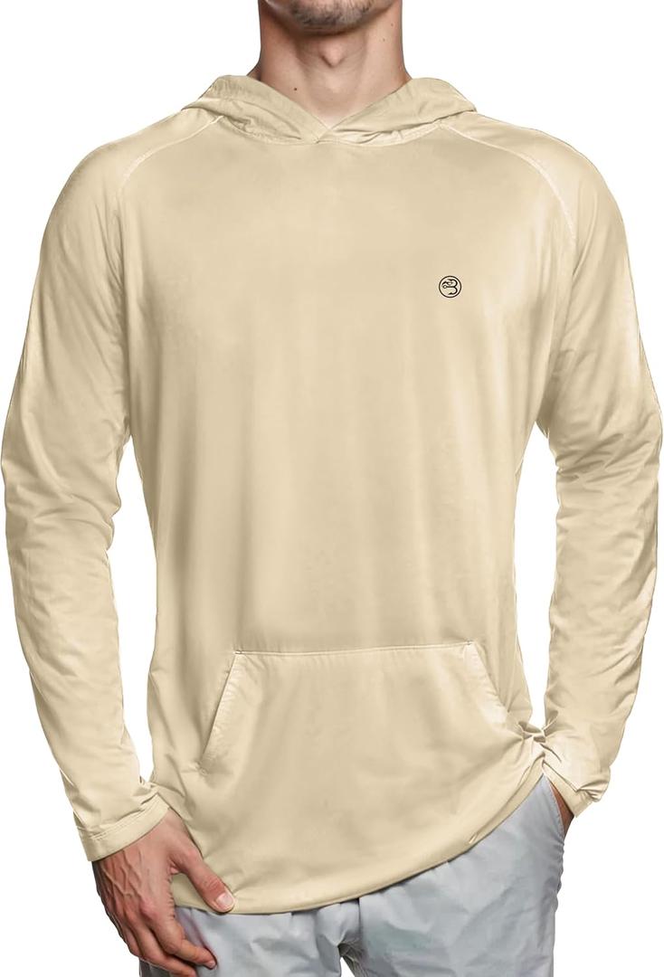 Mens Dry-Fit UPF 50+ Sun Shirt Hooded, Fishing Shirts for Men Long Sleeve, SPF Shirts for Men, Men's Rash Guard (Beige, S)