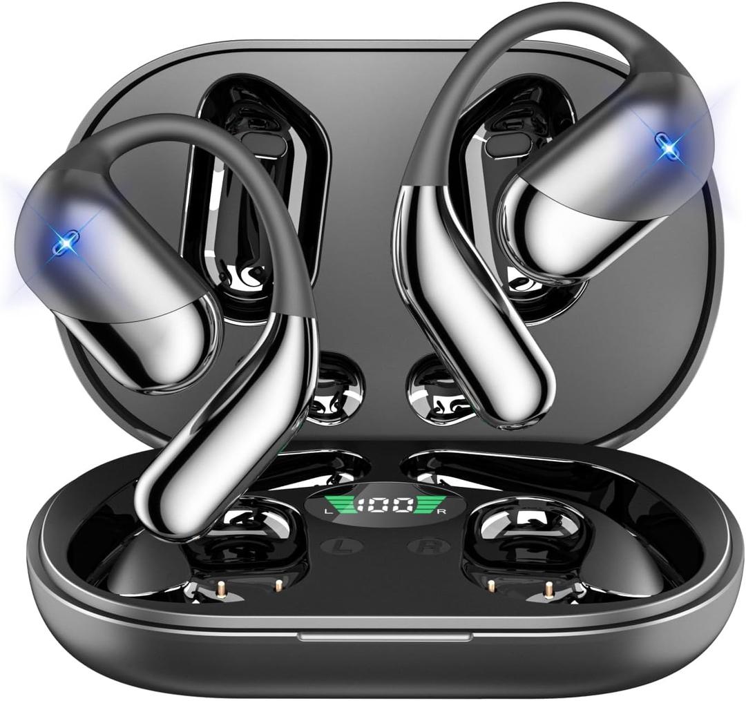 Open Ear Clip Wireless Earbuds Bone Conduction Headphones, Bluetooth 5.4, Open Ear Design, Built-in Mic, IPX7 Waterproof, LED Display Charging Case,Ear Hooks Ear Buds,Design for Running Fitness (Black)