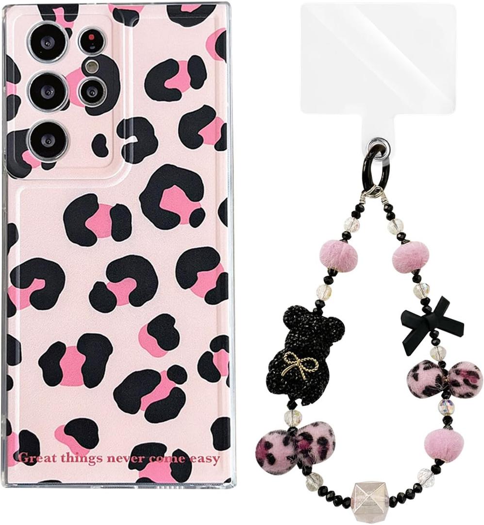 for Samsung Galaxy S24 Ultra Case Cute Stylish Leopard Print Design Phone Case for S24 Ultra with Lanyard Wrist Strap Women Girls Case for Galaxy S24 Ultra, Pink