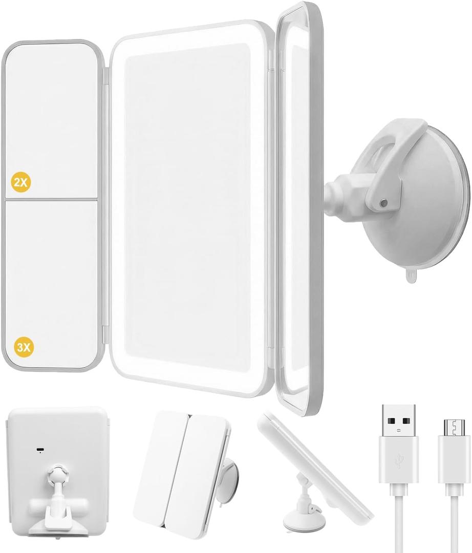 Trifold LED Vanity Mirror with Lights, Bathroom Shower Mirror with Powerful Suction Mount, Rechargeable Makeup Mirror with 2X/3X Magnification, 3 Color Lights & Brightness Adjustable