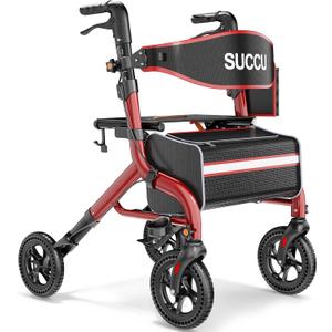 Walkers for Seniors with Seat, 8" All-Terrain Rollator Walker, Foldable Aluminum Rolling Walker, 350lbs Heavy Duty Capacity, Adjustable Handle Height - Red