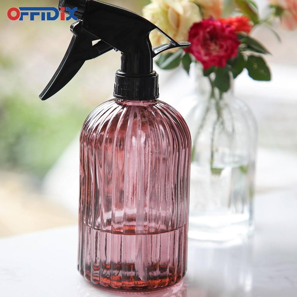 Glass Handheld Spray Bottle - 12oz Refillable Bottle Adjustable Nozzle Watering Can for Garden Plants Cleaning Solutions (Pink)