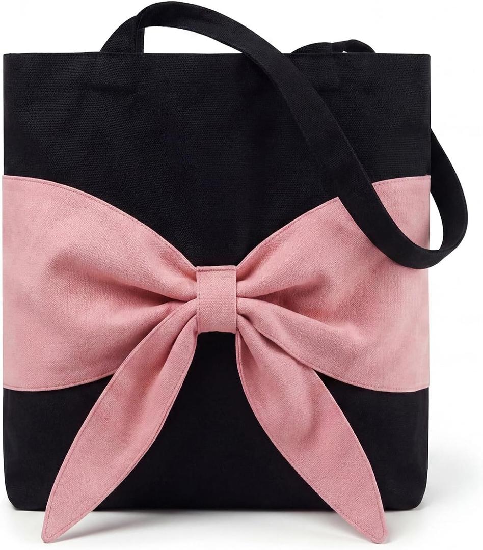 3 x Amylove Coquette Pink Bow Canvas Tote Bag for Women Preppy Aesthetic 3D Bow Bag for Teen Reusable for Work Travel Gift