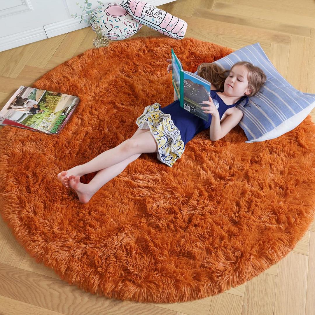 Amdrebio Burnt Orange Round Area Rug 5Ft for Bedroom Living Room, Fluffy Fuzzy Shaggy Furry Circle Rugs for Kids Room Decor Aesthetic, Cute Plush Shag Dark Orange Carpet for Nursery Dorm Classroom