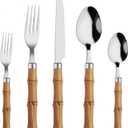 Bamboo Flatware Set 20 Piece, Hoften Plastic Handle Silverware Set for 4, Stainless Steel Cutlery Include Fork Spoon and Knife, Utensils for Daily Used and Party