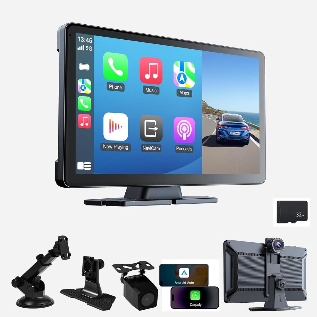 is a Wireless in-car CarPlay Screen for 4K car dashcams, Featuring a 9-inch Portable CarPlay and Android Auto Stereo System, a 1080p Rearview Camera, Mirror Link/Voice Control Bluetooth app