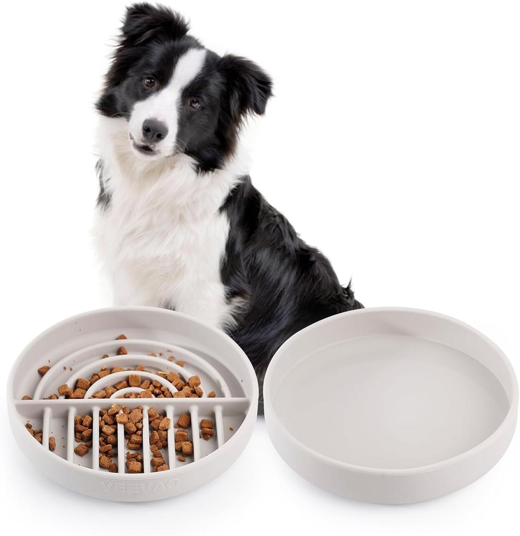 Slow Feeder Bowls Set for Medium Dogs & Puppies - Silicone Non-Slip Food & Water Bowls, Promotes Healthy Digestion, Dishwasher & Microwave Safe, 2 & 5 Cups (Gray)