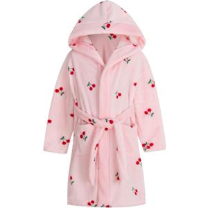 Umeyda Girls Fleece Hooded Robes, Warm Printed Bath Robe for Kids Soft Fuzzy Bathrobe for Gifts (2T, Cherry Pink)