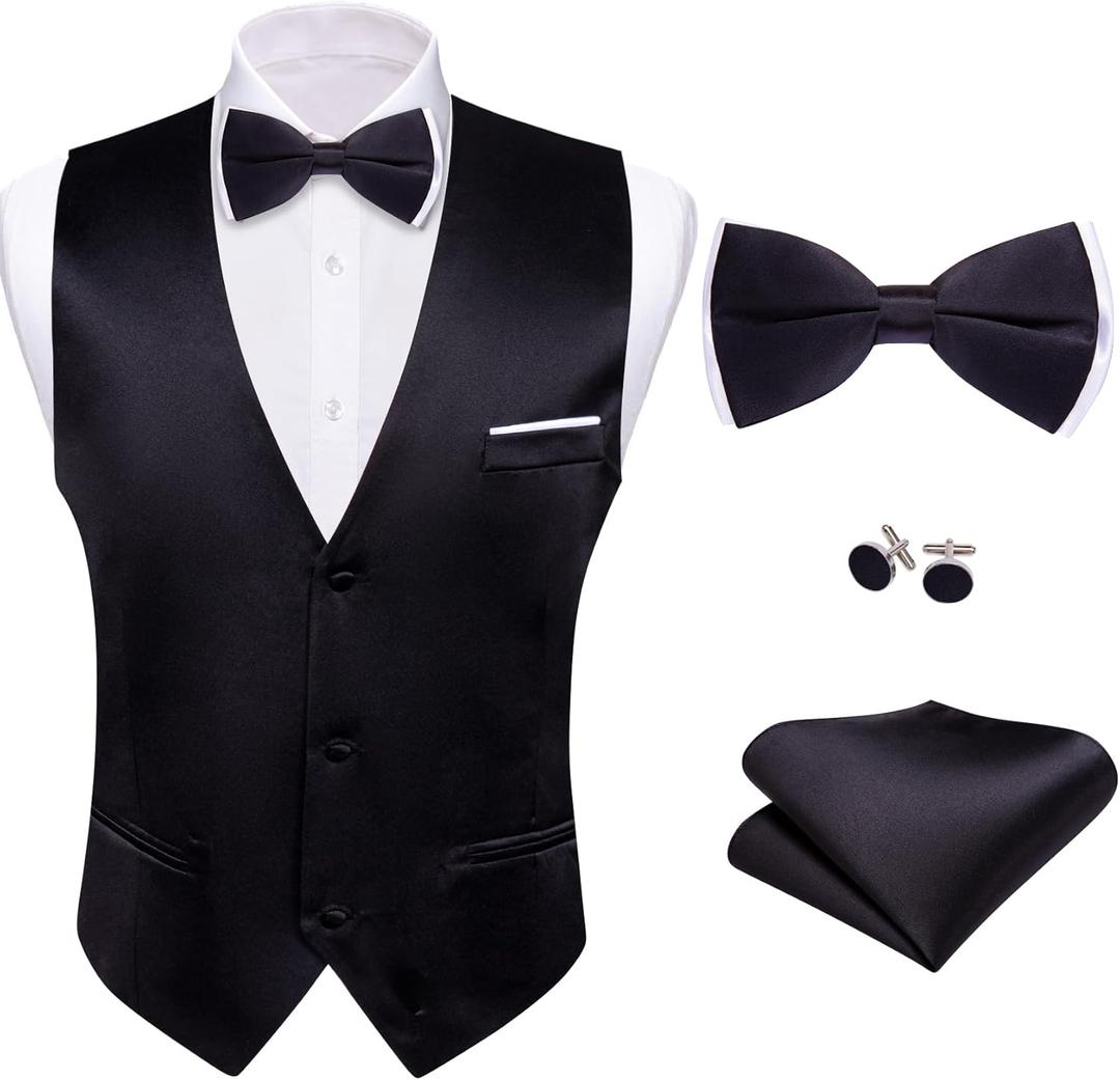 Barry.Wang Mens Suit Vest Bow Tie Set 4PCS Formal V-neck Slim Fit Casual Solid Color Waistcoat Wedding Party Tuxedo, X Large